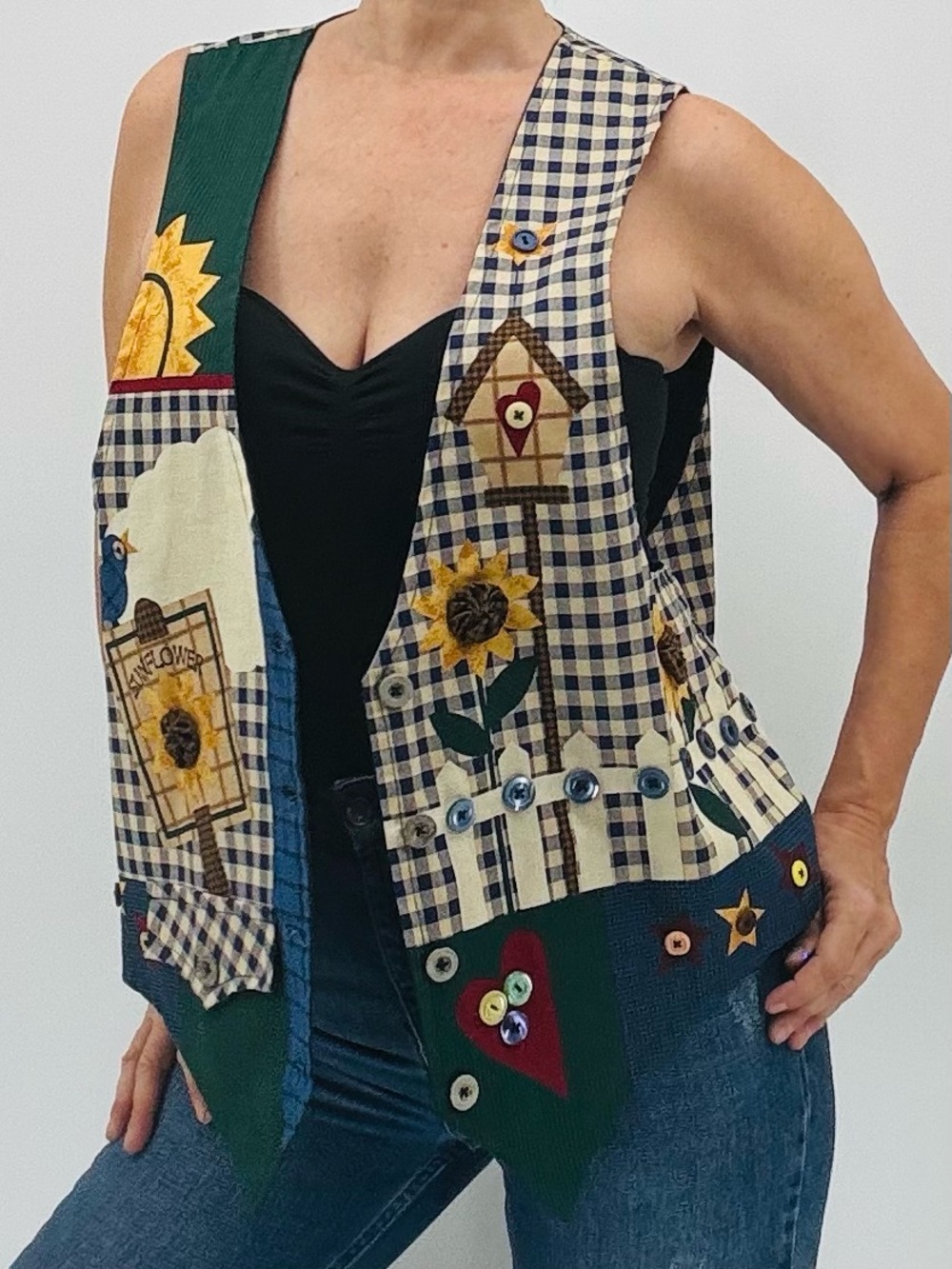 Vintage 90s Cottagecore Farmhouse Grannycore Patchwork Plaid Sunflower Vest